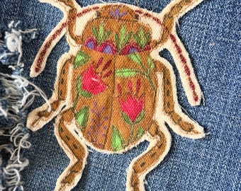 insect patch applique, floral beetle Slow Stitch Embroidered, Boho Upcycle Embellishment, Sew on