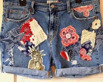 Upcycled Denim Shorts, patriotic themed, embroidered patchwork Frayed , Size 14