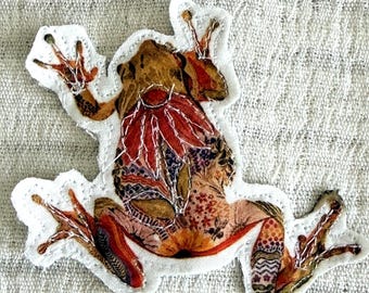 Applique patch, floral frog, Boho Upcycle Embellishment, sew or iron on  patch