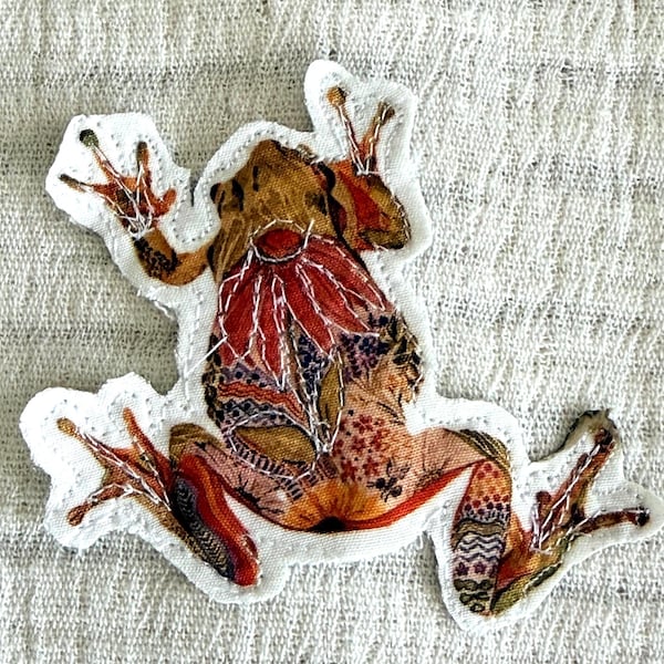 Applique patch, floral frog, Boho Upcycle Embellishment, sew or iron on  patch