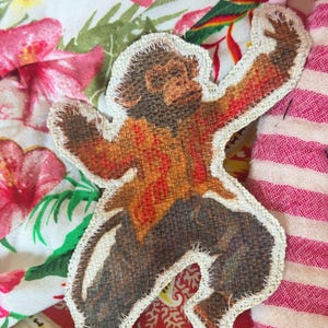Vintage monkey applique patch, Slow Stitch Boho Upcycle Embellishment