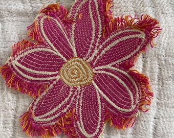 Embroidered Flower Patch, Hand-Sewn Textile Art, Boho Mending Sew-On Badge