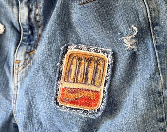 Upcycled Denim Shorts, Sardine Appliqué, Frayed Hem, Size 14
