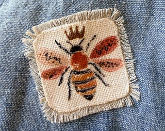 Applique patch, queen bee, Boho Upcycle Embellishment, distressed denim patch