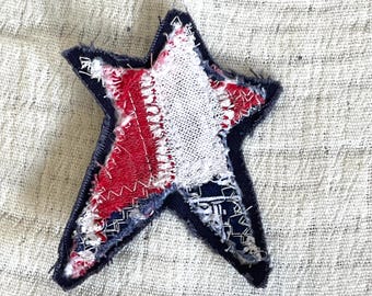 Upcycled Patriotic Star Patch, Hand-Sewn Textile Art, Boho BUY3 get one free