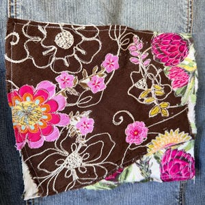 quilted applique patch, upcycle patch, textile art, upcycled floral patch