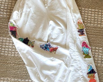 Beach pants, white fish applique pants, boho drawstring pants