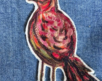 Applique bird Patch, Slow Stitch Embroidered, Boho Upcycle Embellishment, Sew or Iron On