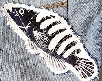 Applique Fish Patch, Slow Stitch Embroidered Cloth Embellishment, Boho Upcycle Craft Supply