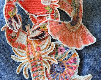 Applique patch, floral fish, lobster, crab, sea shell Boho Upcycle Embellishment, sew or iron on  patch