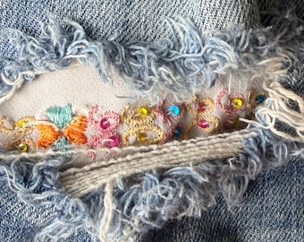 Applique patch peek a boo patch, visible mending patch, denim embroidered patch