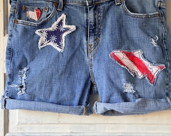 Upcycled Denim Shorts, Frayed Hem, Appliquéd Star and Fish, Size 14