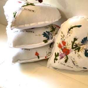 Valentine heart pillow, upcycled  pillow, love message pillow, vintage fabric pillow