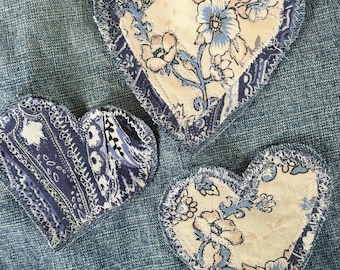 Vintage fabric heart applique patch, chambray blues patterned heart patch, Set of 3