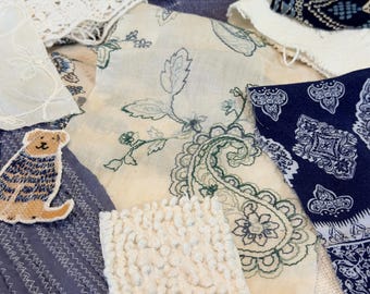 Craft fabric bundle, textured fabric bundle blues , chambray embroidered fabric, mega fabric bundle .