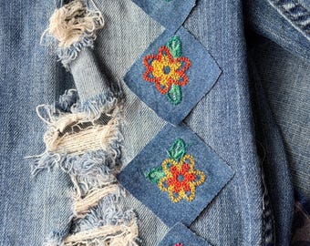 Applique patch peek a boo patch, visible mending patch, denim embroidered patch, mini flower embroidered patch set of 4