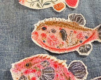 Applique patch, floral fish, whimsical floral fish set of 3, boho floral patch junk journal embroidered patch