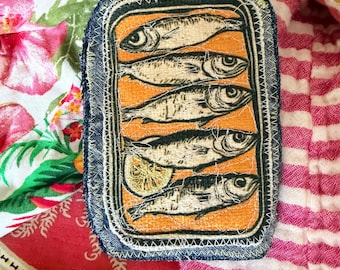 Embroidered Sardine Can Patch, Boho Upcycle Textile Art, Sew On Fish Applique
