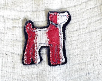 Patriotic Dog Applique Patch, Hand-Sewn Textile Art, Red White Blue Denim Badge