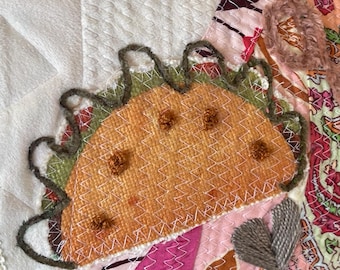 Applique Taco Patch, Slow Stitch Embroidered, Boho Upcycle Embellishment