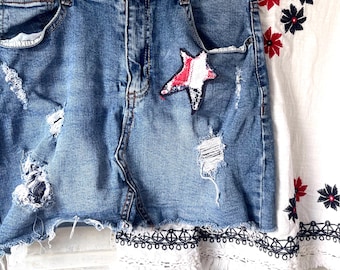 Upcycled Denim Skirt, Frayed Hem, Star Appliqué, Boho Style