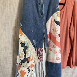 upcycled Jean skirt, patch work Jean skirt, deconstructed Jean skirt