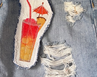 Slow Stitch Tropical Drink Patch, Embroidered Applique, Boho Upcycle Embellishment