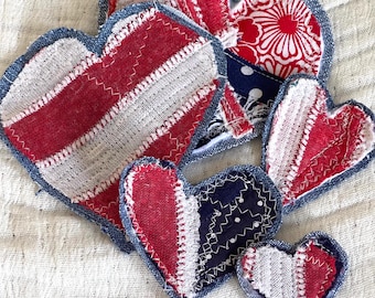 Patriotic Heart Patch, Hand-Sewn Textile Art, Red White Blue Denim Applique