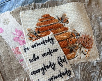 Bee applique patch, distressed quilted denim patch, quote be somebody who makes everybody feel like somebody, bee themed applique patch