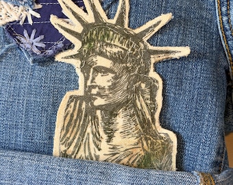 Statue of Liberty applique patch Slow Stitch Embroidered, Boho Upcycle Embellishment, Sew on