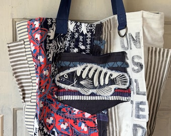 Upcycled Patchwork Tote Bag, Lake Life Summer Beach Weekender Carryall
