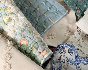 Quilted fabric bundle, vintage quilt pieces, lace and textured fabric, perfect for junk journals, upcycled clothing, craft fabric destash