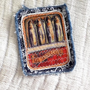 Embroidered Sardine Can Patch, Boho Upcycle Textile Art, Sew On Fish Applique