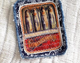 Embroidered Sardine Can Patch, Boho Upcycle Textile Art, Sew On Fish Applique