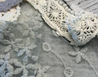 Craft fabric bundle, textured fabric light gray sea green embroidered fabric, mini fabric bundle vintage fabrics and linens