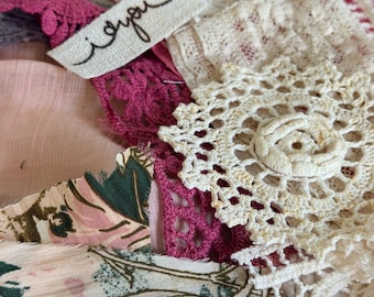Vintage linens, textured fabric bundle of pastel neutrals with pinks.