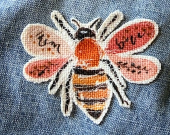 Applique patch, bee, Boho Upcycle Embellishment, sew or iron on  patch