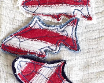 Upcycled Patriotic Fabric Fish Patch, Hand-Sewn Textile Art, Boho Sew-On Badge