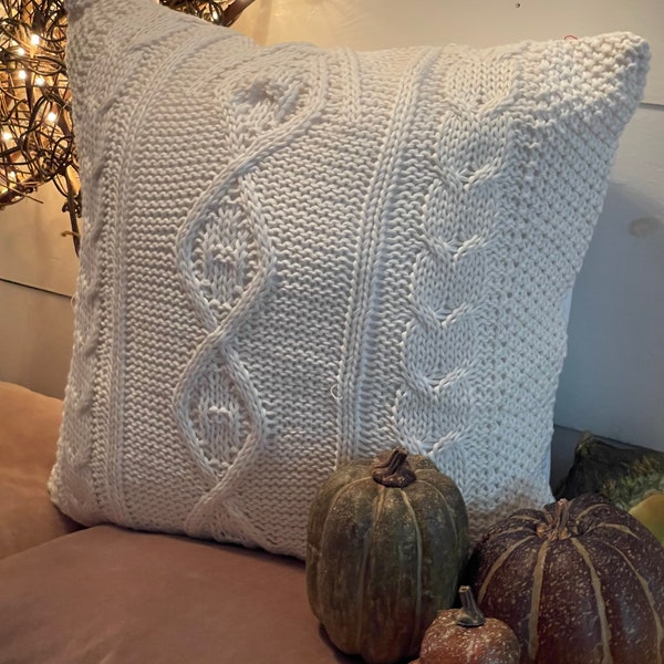Sweater pillow, cream cable knit pillow, upcycled pillow