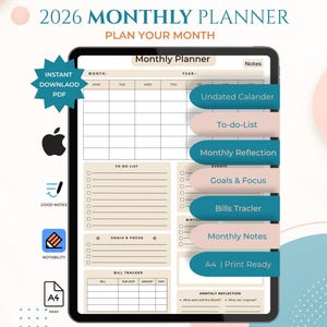 May include: A digital 2026 monthly planner displayed on a tablet. The planner includes sections for an undated calendar, to-do lists, monthly reflections, goals, bill tracking, and notes. The design is in shades of beige, teal, and pink, with the text "2026 Monthly Planner" at the top.