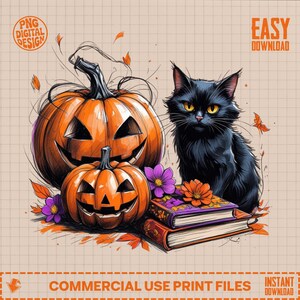 Halloween Cat PNG | Black Cat Pumpkin Book Clipart | Cute Fall Witch Aesthetic | Digital Download | Sublimation PNG for Stickers & T-Shirts