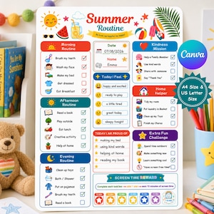 May include: A white rectangular Summer Routine chart featuring colorful icons and text sections for morning, afternoon, and evening tasks. It includes a kindness mission, home helper list, mood tracker, and a screen time reward section with star icons.