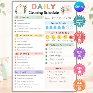Peut inclure: Une feuille de planning de ménage quotidien avec des sections pour le matin, l'après-midi, le soir et la nuit, un suivi de consommation d'eau, des icônes d'humeur, des priorités et des notes, datée du 09/24/2026 au format A4.