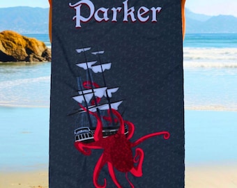 Kraken vs Ship Beach Towel: Personalized Nautical Pirate Towel, Custom Pool Gift, Summer, Name, Octopus, Pirate, Vibrant Red, Summer
