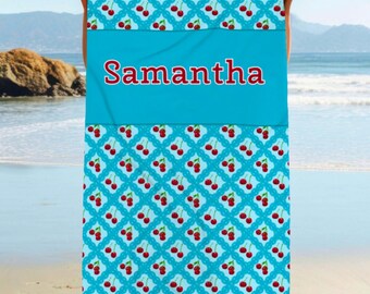 Cherries & Lace Personalized Beach Towel: Vibrant Red and Blue, Custom Pool Gift, Brightly Colored, Summer, Custom Name, Cutesy, Coquette