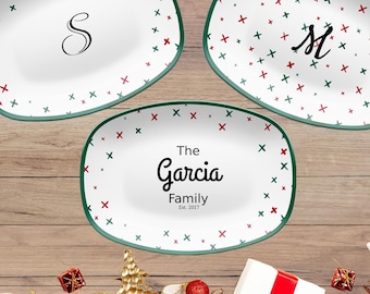 Personalized Christmas Family Platter in Red & Green X's| Monogrammed, Family Name, Plain, Couples First Xmas, UNBREAKABLE