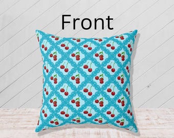 Cherries & Lace Square Pillow: Preppy Checkerboard Decorative, Cutesy, Coquette, Checkers, Lattice, Dorm Decor