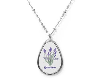 Personalized necklace for mom or grandma: oval pendant, hand painted watercolor lavender liriope flower