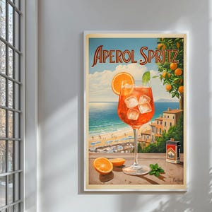Impresión de Aperol Spritz: póster de cóctel, letrero de bebida de autor, señalización de bar, arte mural playero, Aperol Spritz, decoración de carrito de bar