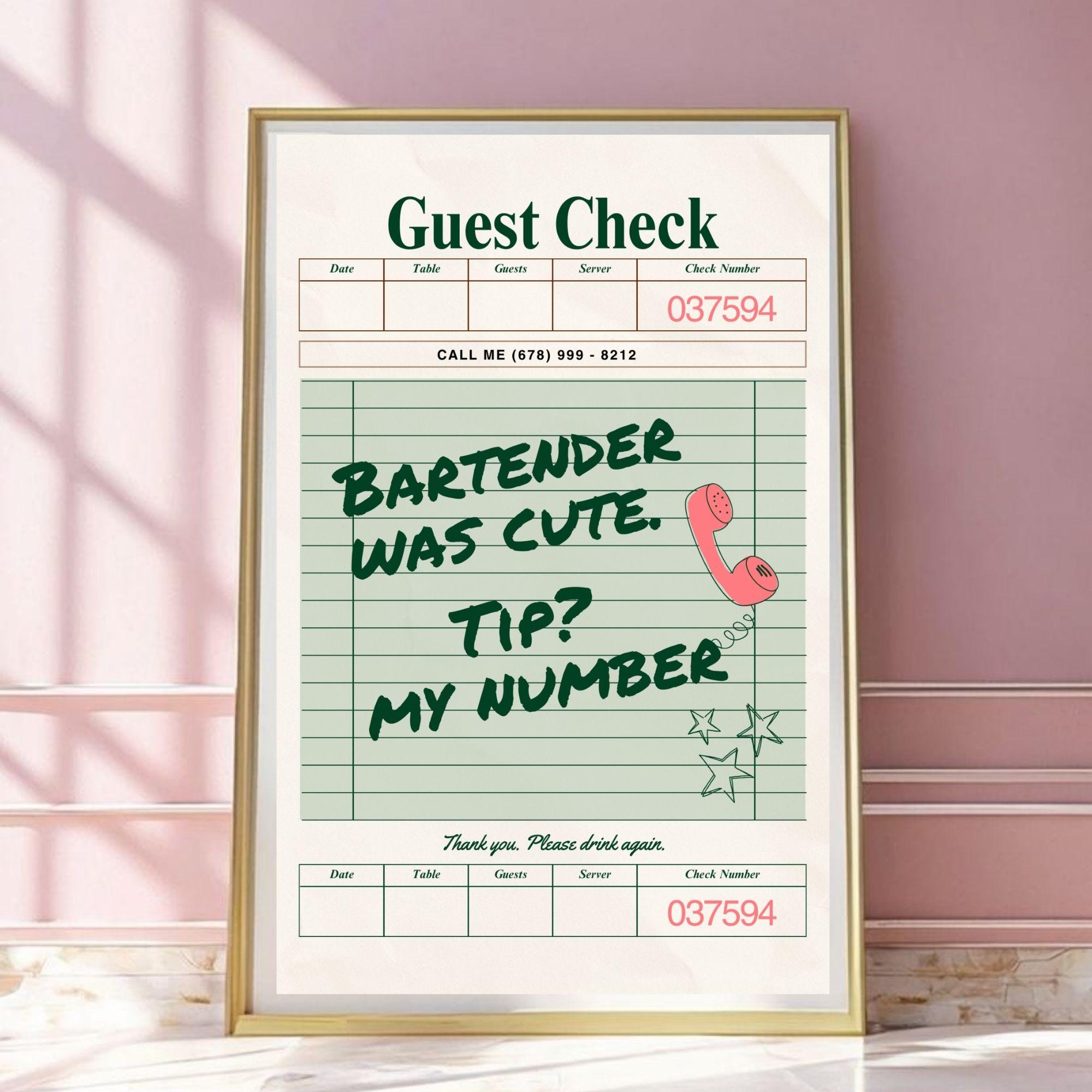 Bartender Was Cute Print – Guest check wall art, Bar Cart Prints, bar signage, kitchen guest check wall art